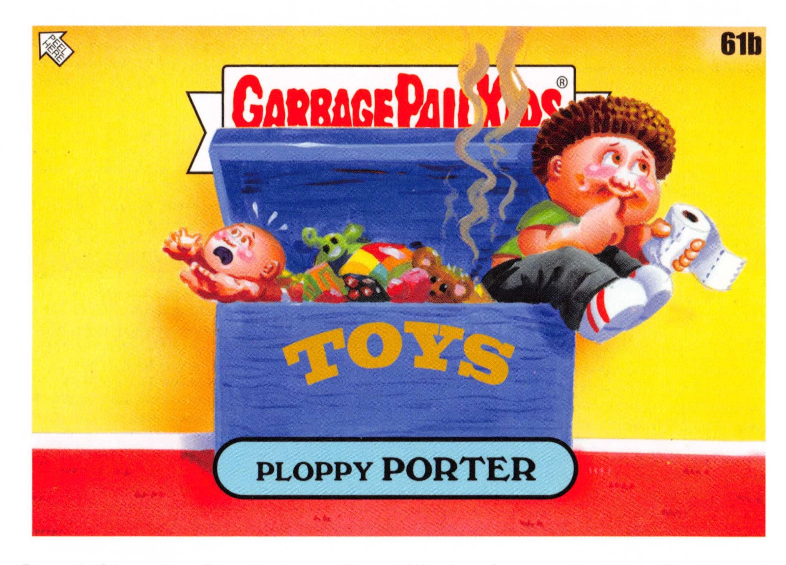 Trading card featuring Garbage Pail Kids characters with a toy store theme