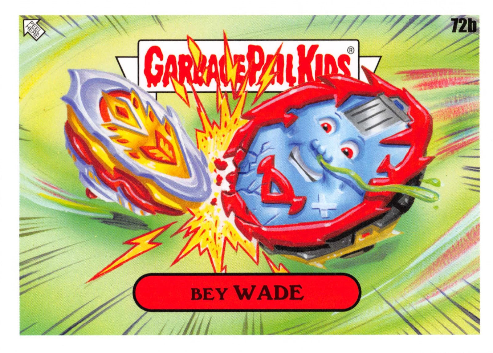 Trading card featuring a character named 'Bey Wade' from 'Garbage Pail Kids' with vibrant colors and dynamic design.