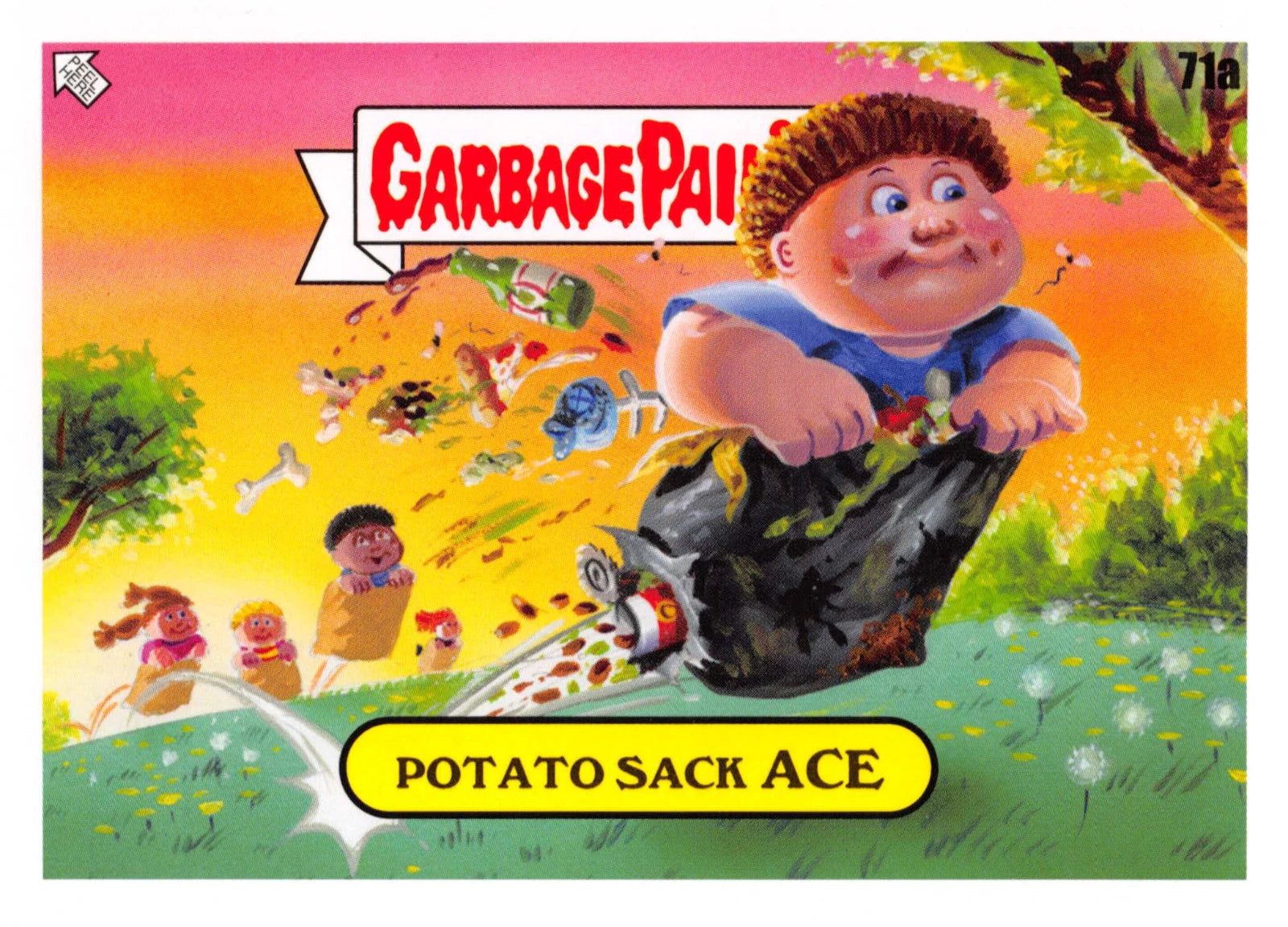 Trading card featuring a character from 'Garbage Pail Kids' with colorful background