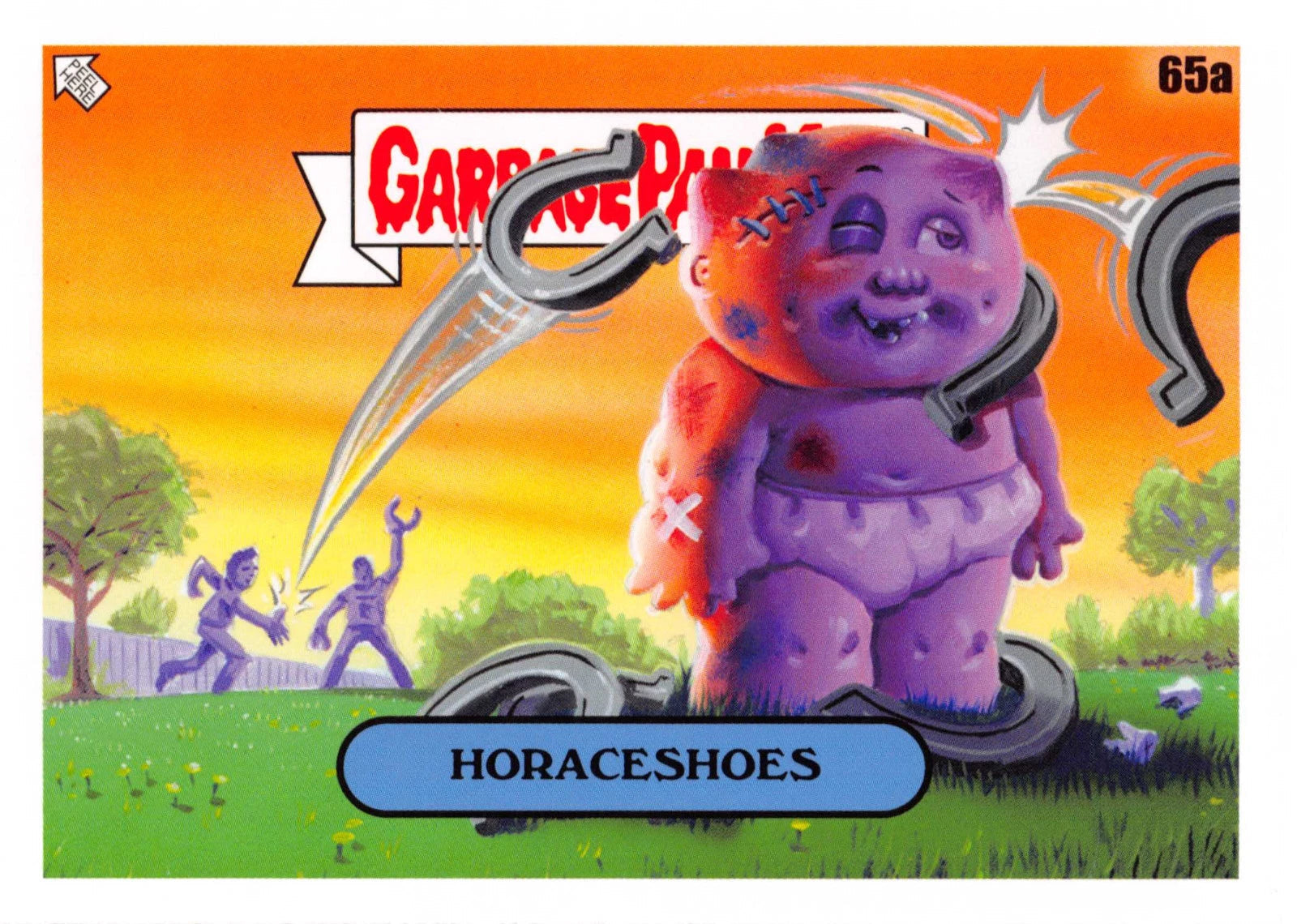Trading card featuring a purple creature with horseshoes and the title 'Horaceshoes' from the Garbage Pail Kids series.