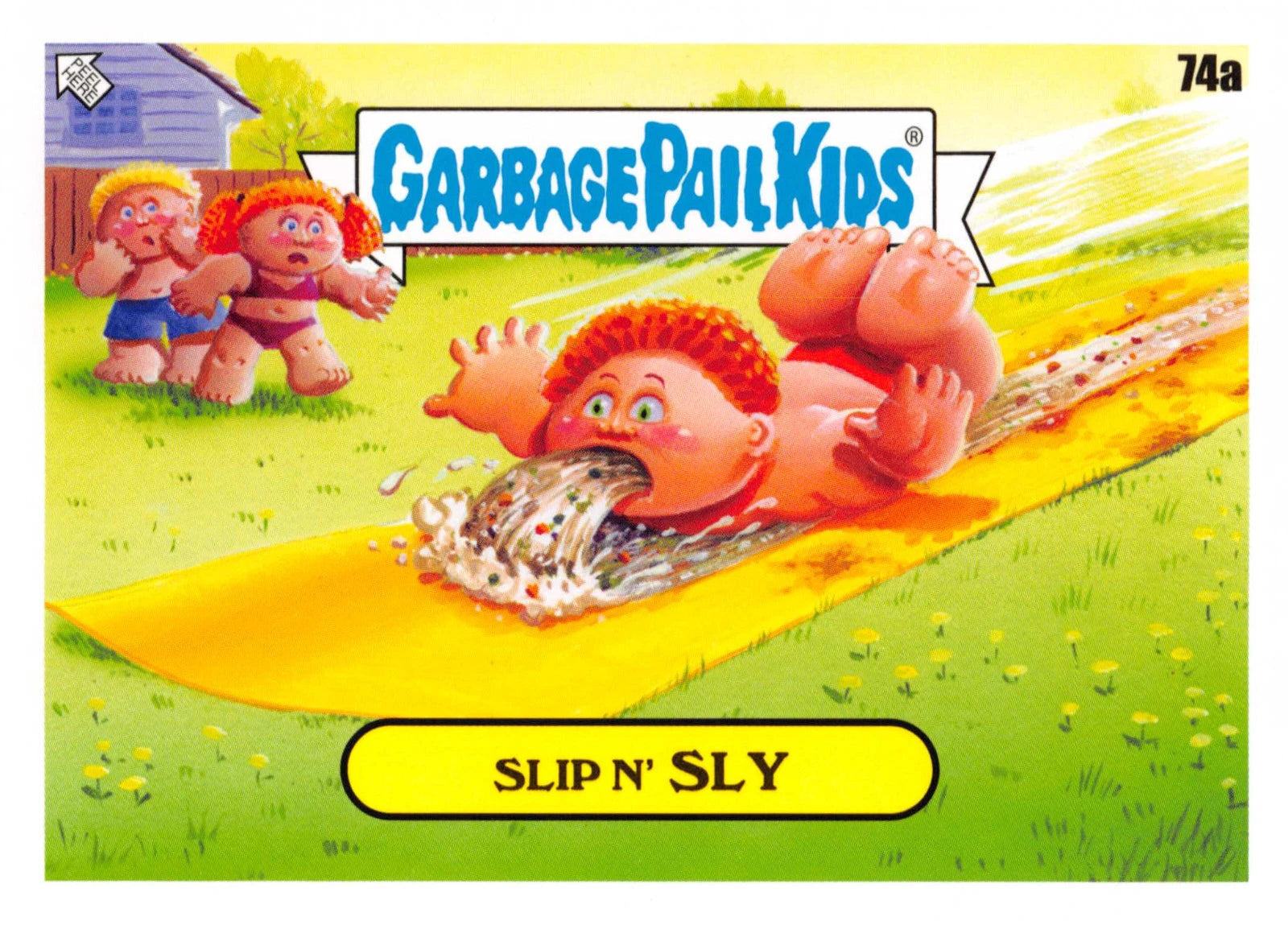 Garbage Pail Kids trading card featuring characters on a yellow background