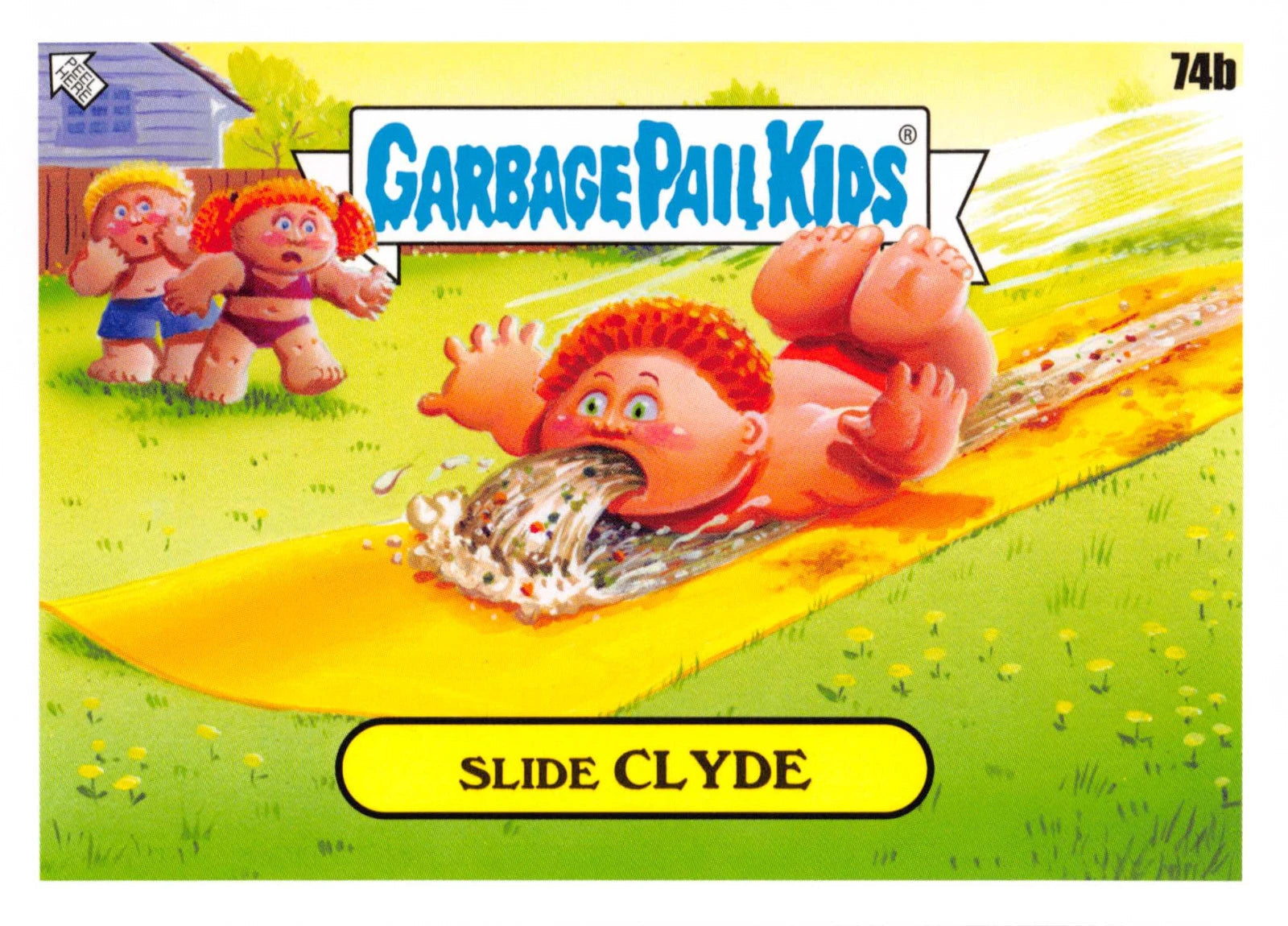 Garbage Pail Kids card featuring Slide Clyde on a yellow slide with green grass background