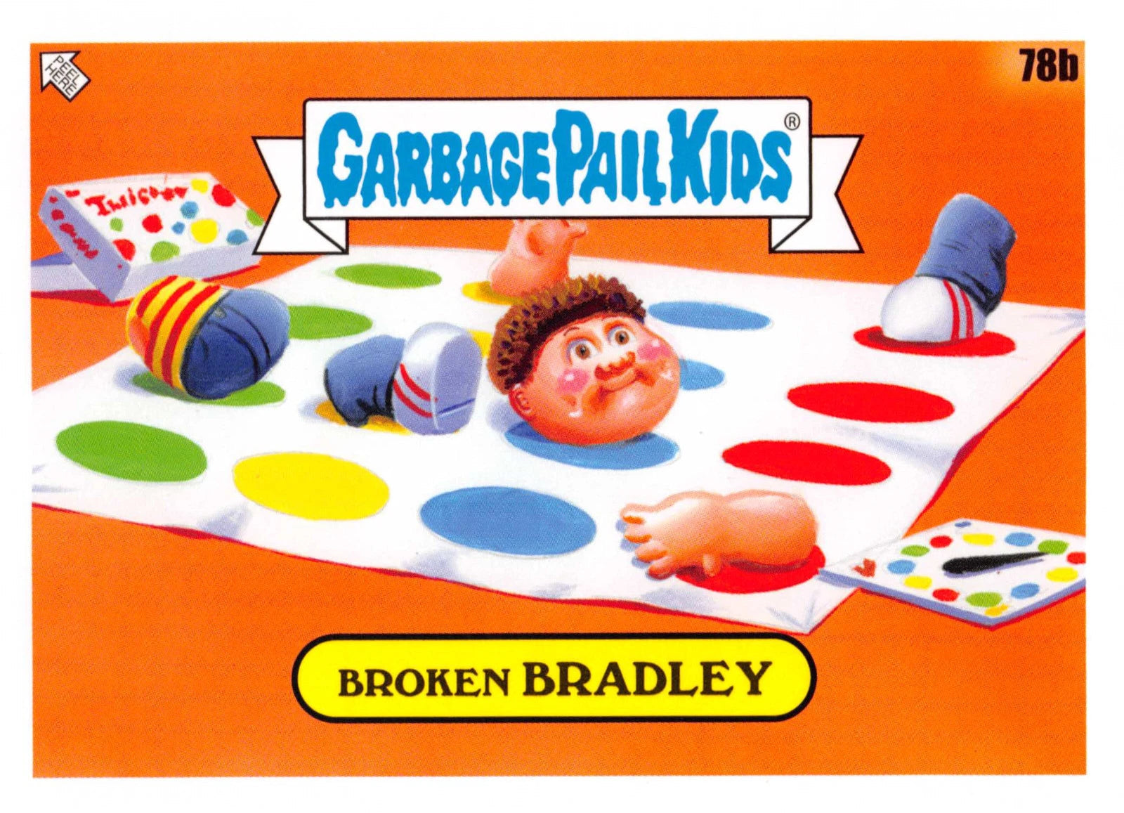 Trading card of Broken Bradley from Garbage Pail Kids series on an orange background