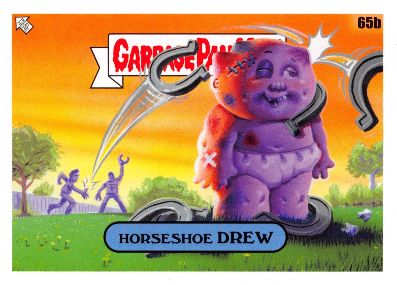 Trading card featuring a purple creature with a horseshoe, 'Garbage Pail Kids' brand visible